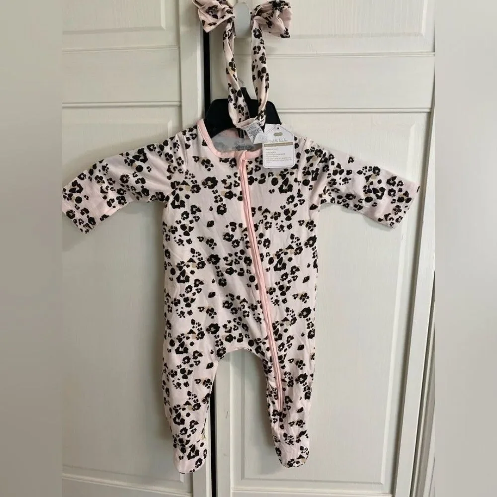 New Mud Pie Baby Girl Sleeper & Headband 3-6 mos. LEOPARD Pink Footed gift